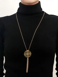 Women's Gold Long Pendant Necklace with Intricate Floral Design and Tassel Accent - Elegant Statement Jewelry for Casual and Formal Outfits