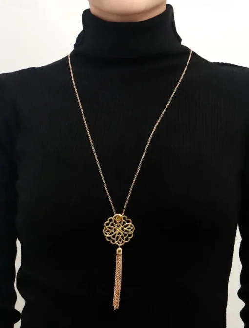 Women's Gold Long Pendant Necklace with Intricate Floral Design and Tassel Accent - Elegant Statement Jewelry for Casual and Formal Outfits