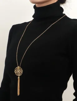 Women's Gold Long Pendant Necklace with Intricate Floral Design and Tassel Accent - Elegant Statement Jewelry for Casual and Formal Outfits
