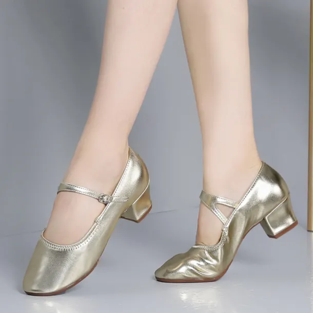 Women's Gold Low Heel Mary Jane Dance Shoes with Buckle Strap, Shiny Soft Faux Leather Ballroom Pumps for Latin Practice, Wedding, and Stage Performance