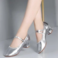 Women's Gold Low Heel Mary Jane Dance Shoes with Buckle Strap, Shiny Soft Faux Leather Ballroom Pumps for Latin Practice, Wedding, and Stage Performance