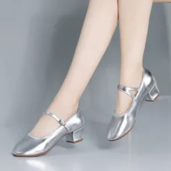 Women's Gold Low Heel Mary Jane Dance Shoes with Buckle Strap, Shiny Soft Faux Leather Ballroom Pumps for Latin Practice, Wedding, and Stage Performance
