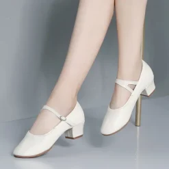 Women's Gold Low Heel Mary Jane Dance Shoes with Buckle Strap, Shiny Soft Faux Leather Ballroom Pumps for Latin Practice, Wedding, and Stage Performance
