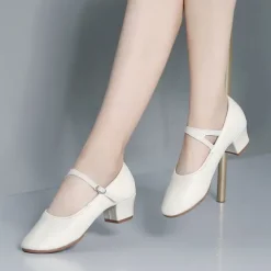Women's Gold Low Heel Mary Jane Dance Shoes with Buckle Strap, Shiny Soft Faux Leather Ballroom Pumps for Latin Practice, Wedding, and Stage Performance