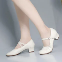 Women's Gold Low Heel Mary Jane Dance Shoes with Buckle Strap, Shiny Soft Faux Leather Ballroom Pumps for Latin Practice, Wedding, and Stage Performance