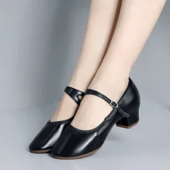 Women's Gold Low Heel Mary Jane Dance Shoes with Buckle Strap, Shiny Soft Faux Leather Ballroom Pumps for Latin Practice, Wedding, and Stage Performance
