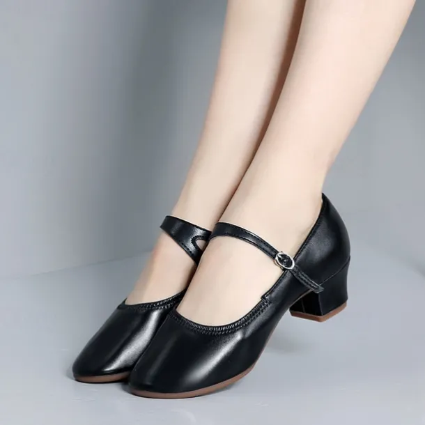 Women's Gold Low Heel Mary Jane Dance Shoes with Buckle Strap, Shiny Soft Faux Leather Ballroom Pumps for Latin Practice, Wedding, and Stage Performance