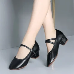 Women's Gold Low Heel Mary Jane Dance Shoes with Buckle Strap, Shiny Soft Faux Leather Ballroom Pumps for Latin Practice, Wedding, and Stage Performance