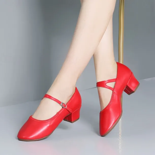 Women's Gold Low Heel Mary Jane Dance Shoes with Buckle Strap, Shiny Soft Faux Leather Ballroom Pumps for Latin Practice, Wedding, and Stage Performance