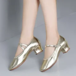 Women's Gold Low Heel Mary Jane Dance Shoes with Buckle Strap, Shiny Soft Faux Leather Ballroom Pumps for Latin Practice, Wedding, and Stage Performance