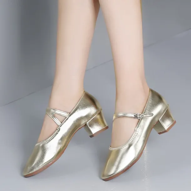 Women's Gold Low Heel Mary Jane Dance Shoes with Buckle Strap, Shiny Soft Faux Leather Ballroom Pumps for Latin Practice, Wedding, and Stage Performance