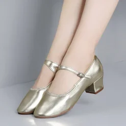Women's Gold Low Heel Mary Jane Dance Shoes with Buckle Strap, Shiny Soft Faux Leather Ballroom Pumps for Latin Practice, Wedding, and Stage Performance
