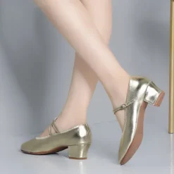 Women's Gold Low Heel Mary Jane Dance Shoes with Buckle Strap, Shiny Soft Faux Leather Ballroom Pumps for Latin Practice, Wedding, and Stage Performance