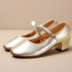 Women's Gold Low Heel Mary Jane Dance Shoes with Buckle Strap, Shiny Soft Faux Leather Ballroom Pumps for Latin Practice, Wedding, and Stage Performance
