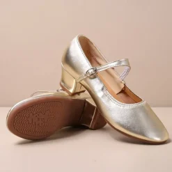 Women's Gold Low Heel Mary Jane Dance Shoes with Buckle Strap, Shiny Soft Faux Leather Ballroom Pumps for Latin Practice, Wedding, and Stage Performance
