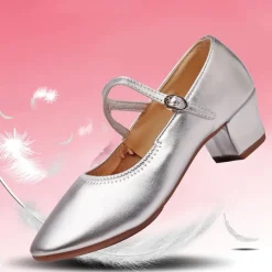 Women's Gold Low Heel Mary Jane Dance Shoes with Buckle Strap, Shiny Soft Faux Leather Ballroom Pumps for Latin Practice, Wedding, and Stage Performance