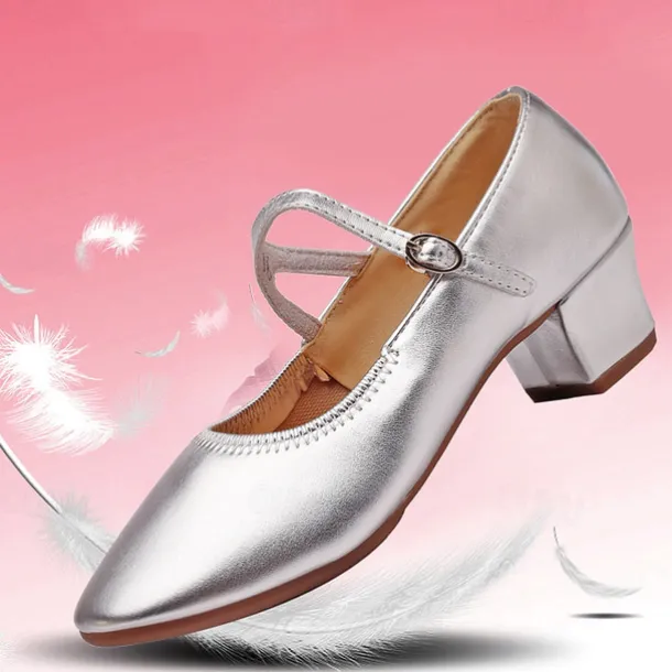 Women's Gold Low Heel Mary Jane Dance Shoes with Buckle Strap, Shiny Soft Faux Leather Ballroom Pumps for Latin Practice, Wedding, and Stage Performance