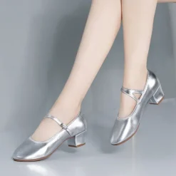 Women's Gold Low Heel Mary Jane Dance Shoes with Buckle Strap, Shiny Soft Faux Leather Ballroom Pumps for Latin Practice, Wedding, and Stage Performance