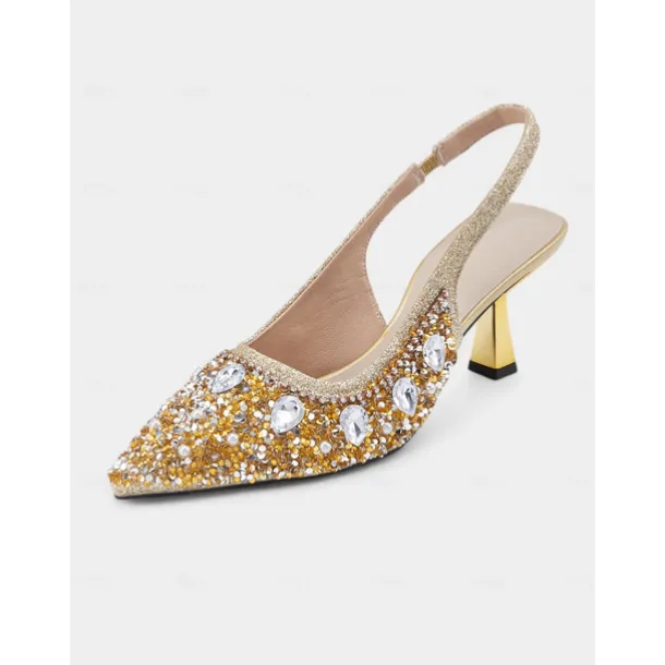Women's Gold Rhinestone Slingback Heels with Pearl Embellishments – Luxury Pointed Toe Shoes for Weddings, Parties, and Formal Occasions