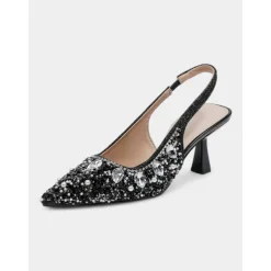 Women's Gold Rhinestone Slingback Heels with Pearl Embellishments – Luxury Pointed Toe Shoes for Weddings, Parties, and Formal Occasions