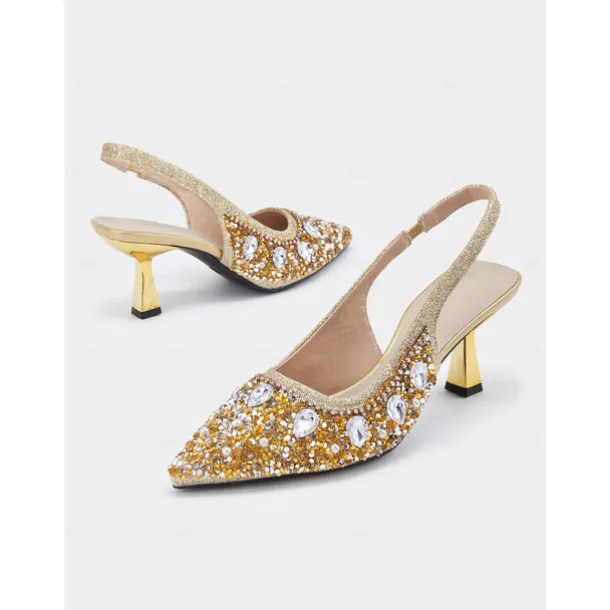 Women's Gold Rhinestone Slingback Heels with Pearl Embellishments – Luxury Pointed Toe Shoes for Weddings, Parties, and Formal Occasions