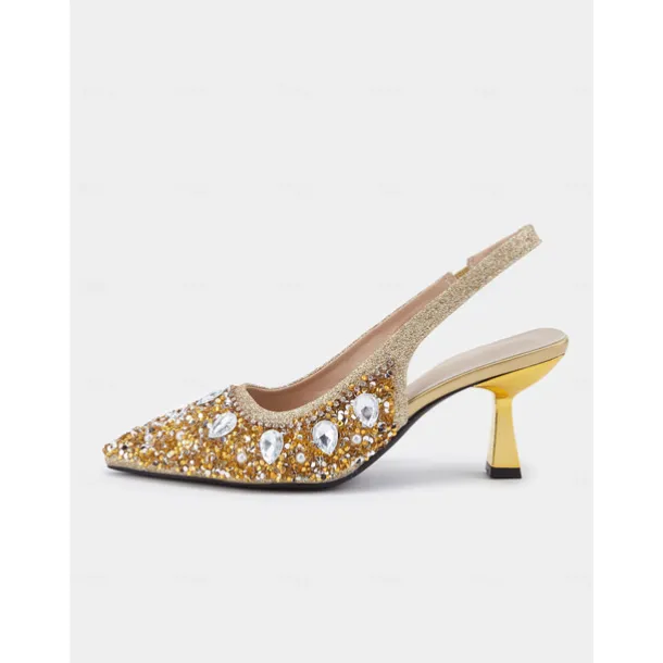 Women's Gold Rhinestone Slingback Heels with Pearl Embellishments – Luxury Pointed Toe Shoes for Weddings, Parties, and Formal Occasions