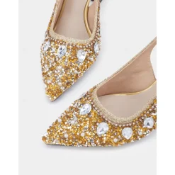 Women's Gold Rhinestone Slingback Heels with Pearl Embellishments – Luxury Pointed Toe Shoes for Weddings, Parties, and Formal Occasions