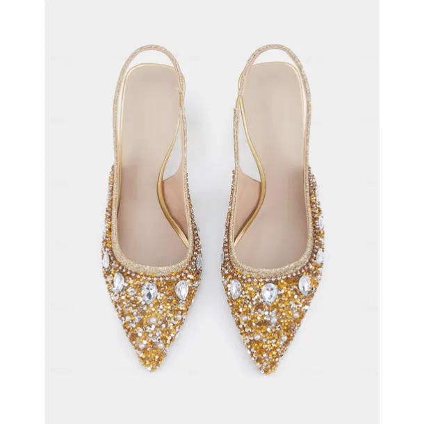 Women's Gold Rhinestone Slingback Heels with Pearl Embellishments – Luxury Pointed Toe Shoes for Weddings, Parties, and Formal Occasions