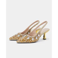 Women's Gold Rhinestone Slingback Heels with Pearl Embellishments – Luxury Pointed Toe Shoes for Weddings, Parties, and Formal Occasions