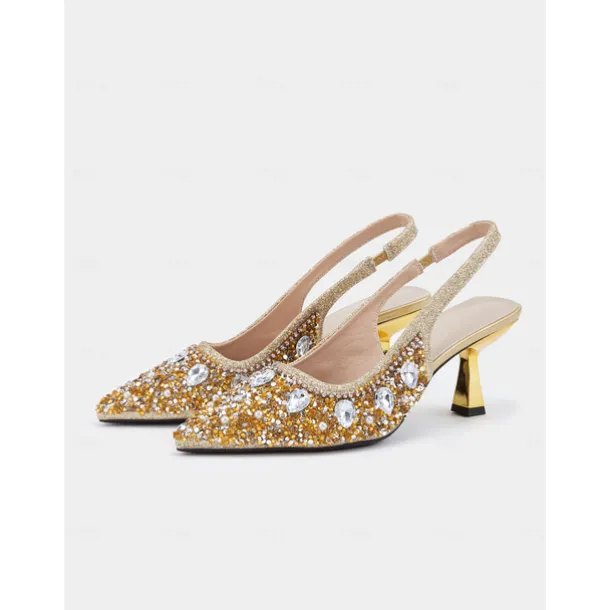 Women's Gold Rhinestone Slingback Heels with Pearl Embellishments – Luxury Pointed Toe Shoes for Weddings, Parties, and Formal Occasions