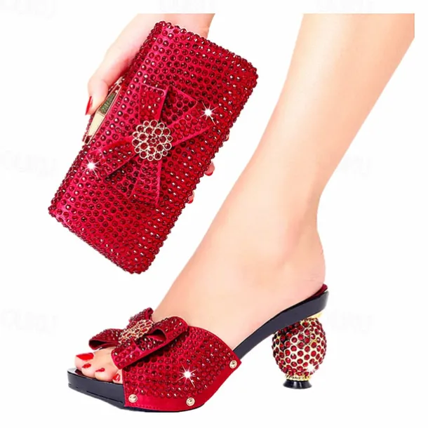 Women's Gold Rhinestone-Embellished Heels with Matching Clutch Bag – Elegant Open-Toe Sandals for Weddings & Special Occasions