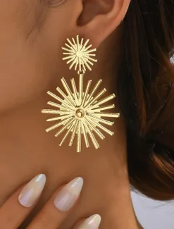 Women's Gold Sunburst Statement Earrings – Bold Geometric Drop Earrings for Parties, Weddings, and Special Occasions