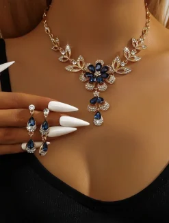 Women's Gold-Plated Blue Crystal Necklace and Earrings Set with Floral Design - Elegant Party Jewelry for Formal Events and Evening Celebrations