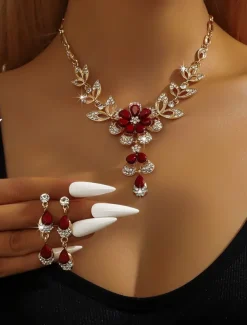 Women's Gold-Plated Blue Crystal Necklace and Earrings Set with Floral Design - Elegant Party Jewelry for Formal Events and Evening Celebrations