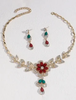 Women's Gold-Plated Blue Crystal Necklace and Earrings Set with Floral Design - Elegant Party Jewelry for Formal Events and Evening Celebrations