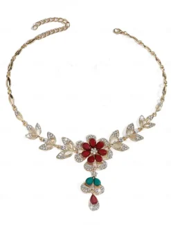 Women's Gold-Plated Blue Crystal Necklace and Earrings Set with Floral Design - Elegant Party Jewelry for Formal Events and Evening Celebrations