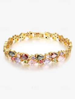 Women's Gold-Plated Copper Bracelet with Multicolor Cubic Zirconia - Elegant Jewelry for Special Occasions