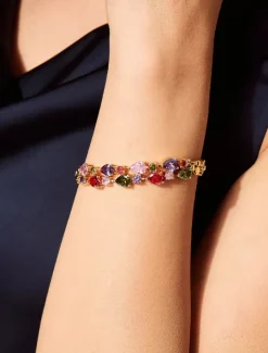 Women's Gold-Plated Copper Bracelet with Multicolor Cubic Zirconia - Elegant Jewelry for Special Occasions