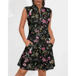 Women's Golf Dress Black Sleeveless Floral Ladies Golf Attire Clothes Outfits Wear Apparel