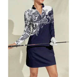 Women's Golf Dress Dark Blue Long Sleeve Ladies Golf Attire Clothes Outfits Wear Apparel