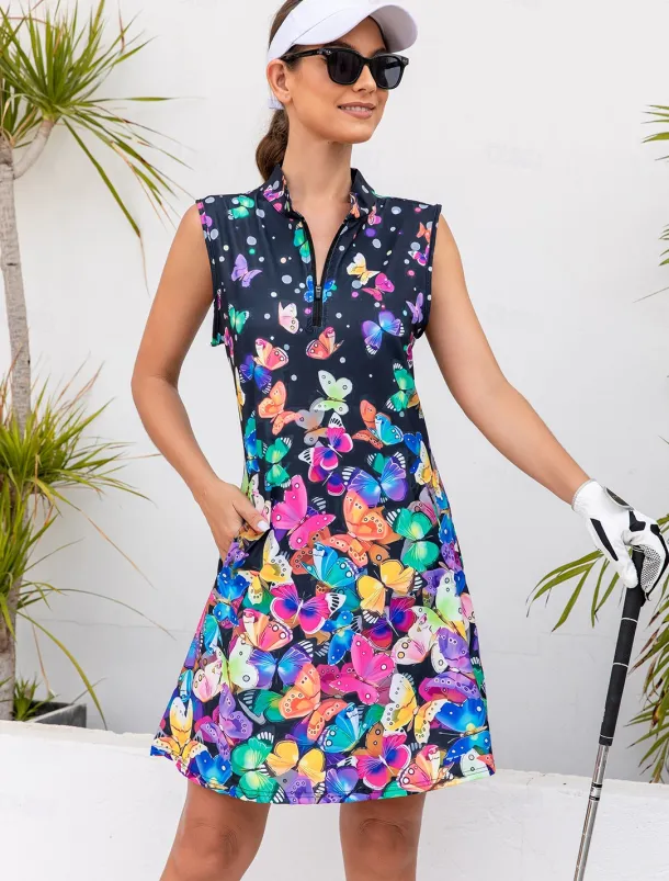 Women's Golf Dress Navy Blue Sleeveless Sun Protection Tennis Outfit Butterfly Ladies Golf Attire Clothes Outfits Wear Apparel