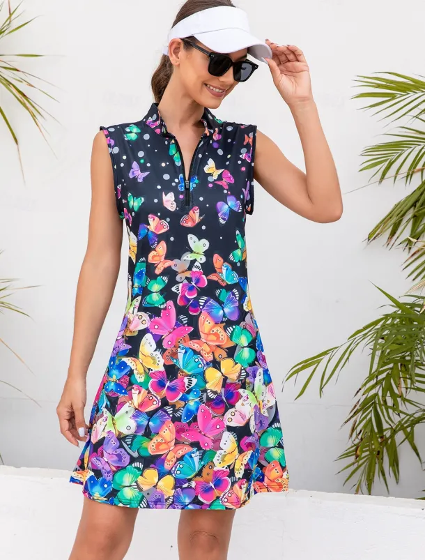 Women's Golf Dress Navy Blue Sleeveless Sun Protection Tennis Outfit Butterfly Ladies Golf Attire Clothes Outfits Wear Apparel