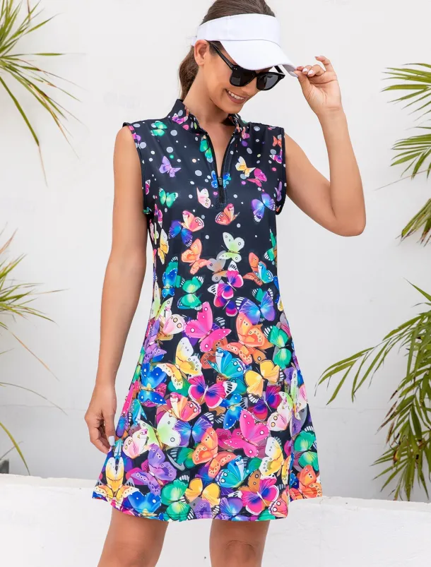 Women's Golf Dress Navy Blue Sleeveless Sun Protection Tennis Outfit Butterfly Ladies Golf Attire Clothes Outfits Wear Apparel