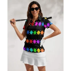 Women's Golf Polo Shirt Black Short Sleeve Sun Protection Top Plaid Ladies Golf Attire Clothes Outfits Wear Apparel