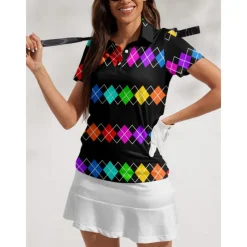 Women's Golf Polo Shirt Black Short Sleeve Sun Protection Top Plaid Ladies Golf Attire Clothes Outfits Wear Apparel