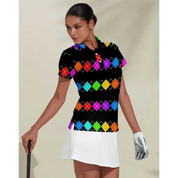 Women's Golf Polo Shirt Black Short Sleeve Sun Protection Top Plaid Ladies Golf Attire Clothes Outfits Wear Apparel