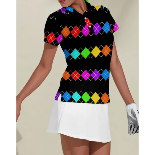 Women's Golf Polo Shirt Black Short Sleeve Sun Protection Top Plaid Ladies Golf Attire Clothes Outfits Wear Apparel