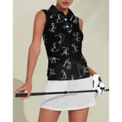 Women's Golf Polo Shirt Black White Sleeveless Top Cartoon Ladies Golf Attire Clothes Outfits Wear Apparel