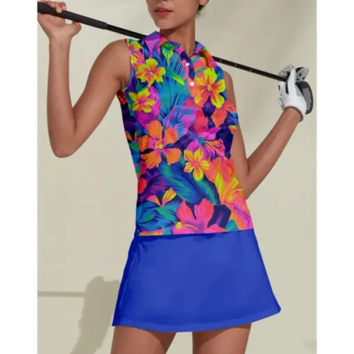 Women's Golf Polo Shirt Blue Sleeveless Top Ladies Golf Attire Clothes Outfits Wear Apparel