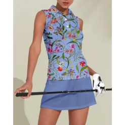 Women's Golf Polo Shirt Blue Sleeveless Top Floral Ladies Golf Attire Clothes Outfits Wear Apparel